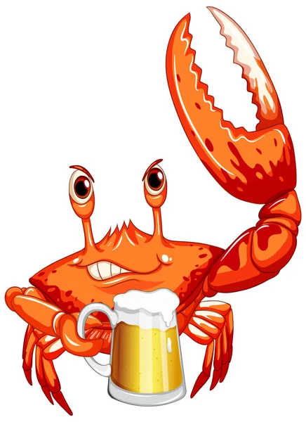 Cute Crab Cartoon Character Drinking Beer Illustration — Archivo Imágenes Vectoriales