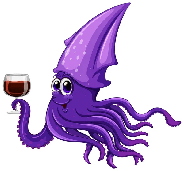 Purple Squid Drinking Wine Cartoon Character Illustration - Stok Vektor