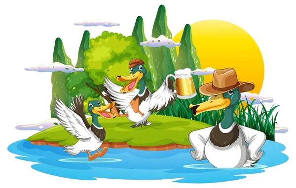 Happy Duck Group Nature Scene Illustration — Vetor de Stock