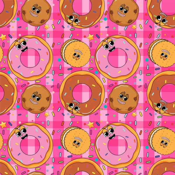 Sweet Doughnut Cartoon Seamless Pattern Illustration — Vetor de Stock