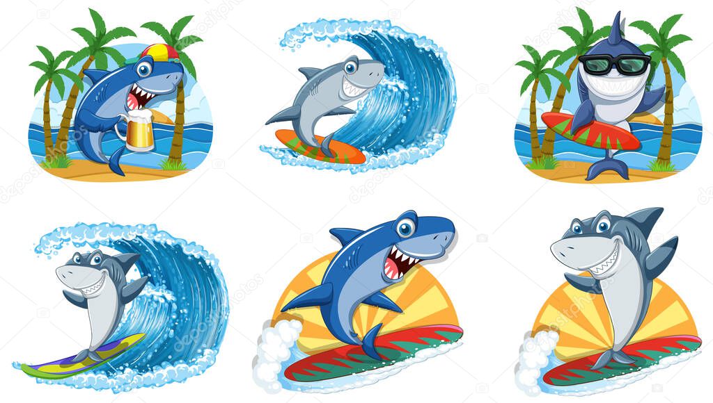 Different sharks in summer beach illustration
