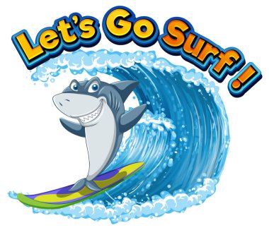 Cute shark cartoon character surfing illustration