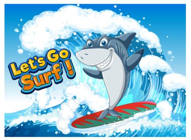 Cute shark cartoon character surfing ocean scene illustration