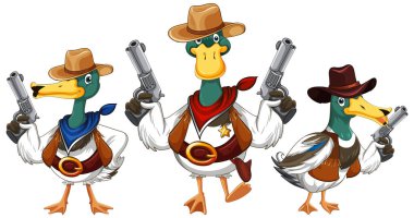 Cartoon ducks wearing cowboy costume illustration
