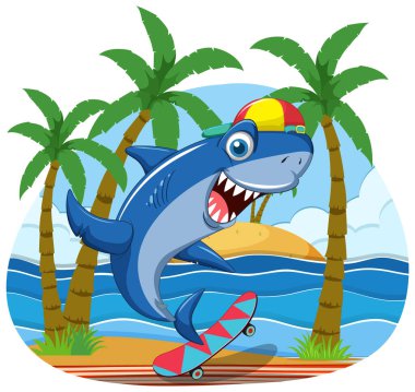 Cute shark skateboarding on the beach illustration