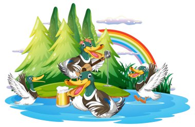 Happy duck group in nature scene illustration