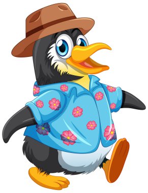 Cute penguin cartoon character wearing summer outfit illustration