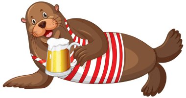 Cute sea lion drinking beer illustration