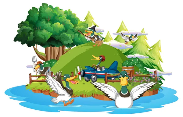 Happy Duck Group Nature Scene Illustration — 스톡 벡터