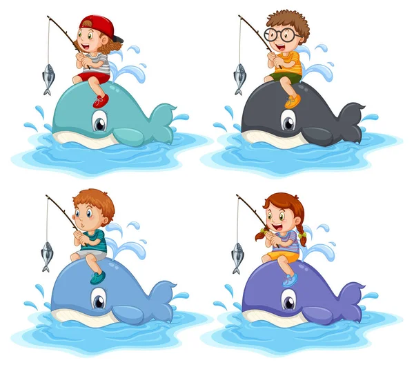 Different Kids Riding Whales Illustration — Stock vektor