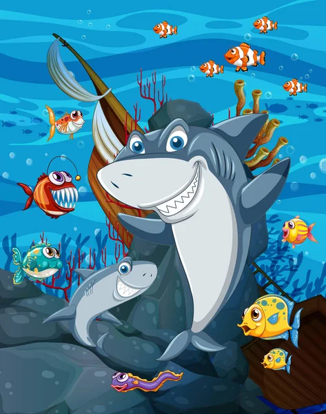 Shark Cartoon Character Underwater Scene Illustration — Vector de stock