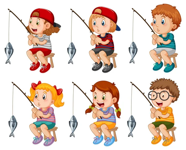 Set Happy Kid Fishing Illustration — Stock Vector