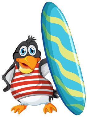 Cute penguin cartoon character holding surfboard illustration
