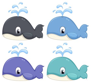 Set of different cute whale cartoon characters illustration