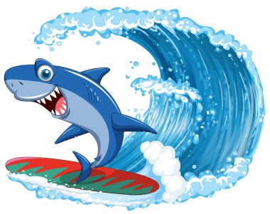 Cute shark cartoon character surfing illustration