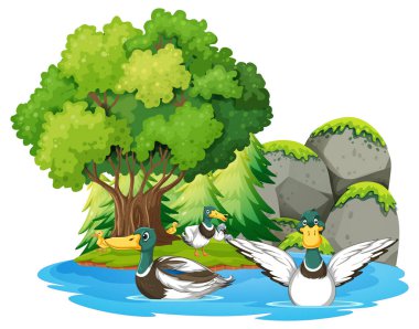 Happy duck group in nature scene illustration