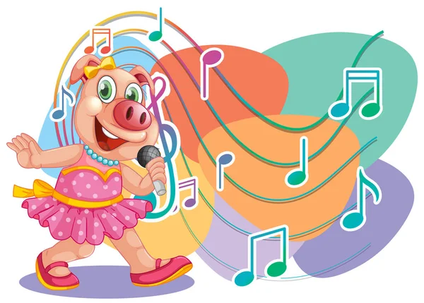 Singer Piggy Cartoon Music Melody Symbols Illustration — Stock Vector