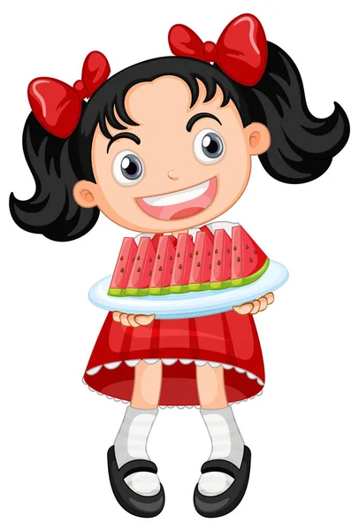Little Cute Girl Holding Watermelon Sliced Plate Illustration — Vettoriale Stock