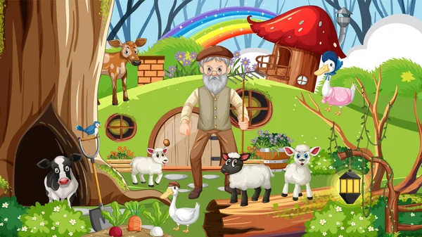 Farmer His Farm Animals Illustration — Wektor stockowy