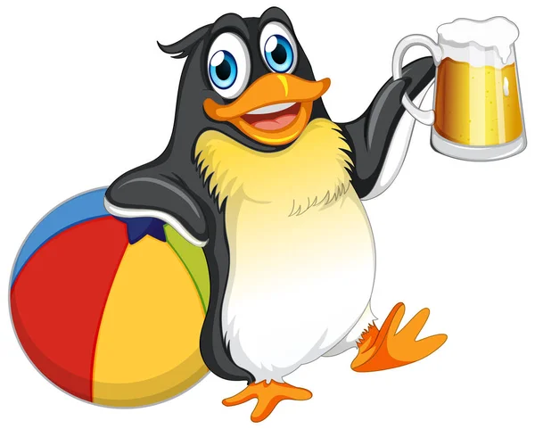 Cute Penguin Cartoon Character Holding Beach Ball Beer Illustration — Archivo Imágenes Vectoriales