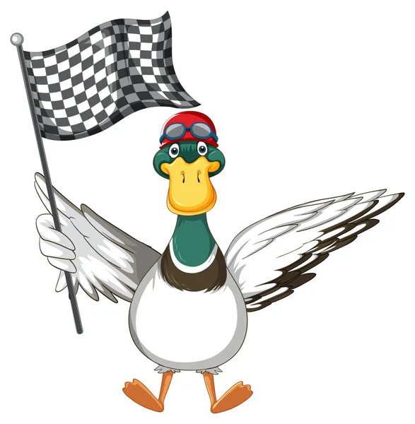 Cartoon Duck Holding Race Flag Illustration — Stockový vektor