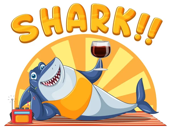 Shark Cartoon Character Relaxing Drinking Wine Illustration — Stock vektor