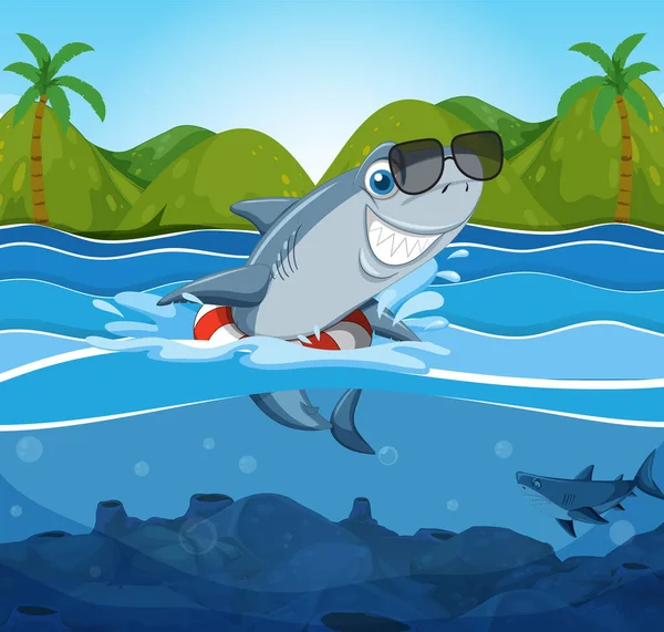 Cute Shark Cartoon Character Swimming Sea Illustration — Stock vektor