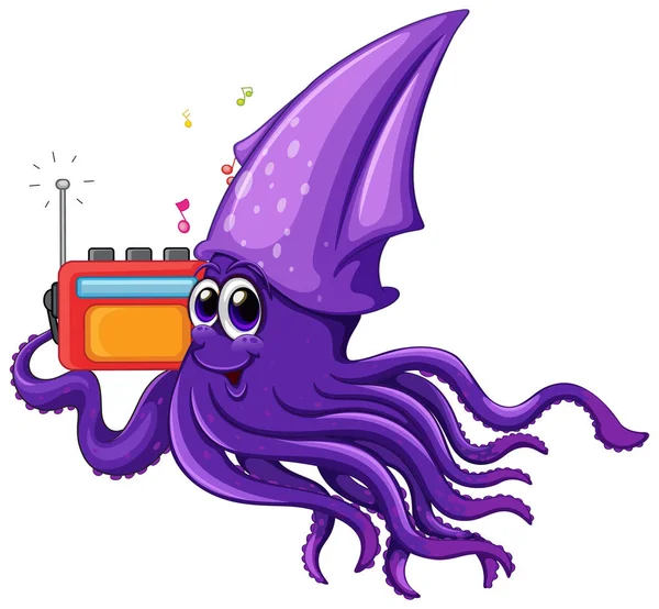 Cute Squid Listening Radio Illustration — Stock vektor