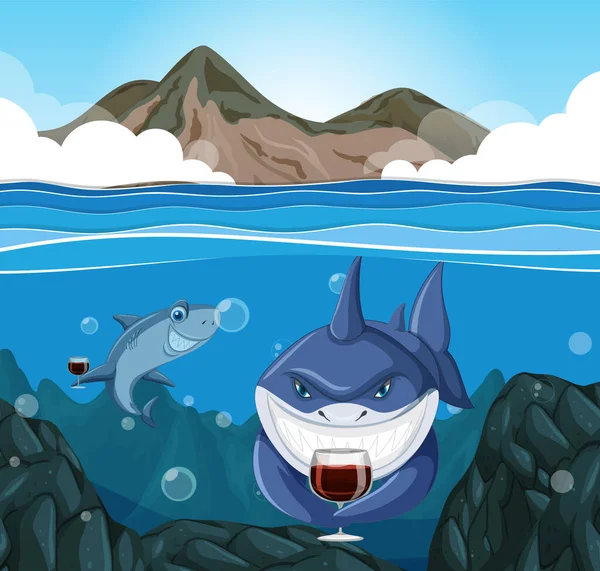 Shark Cartoon Character Underwater Scene Illustration — Stockový vektor