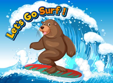 Sea lion on surfboard in the ocean illustration
