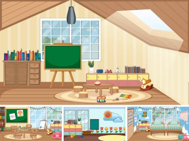 Farklı anaokulu sahneleri çizimleri.