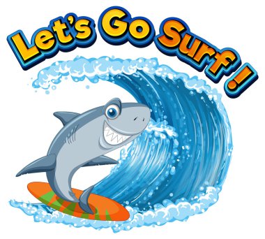 Cute shark cartoon character surfing illustration