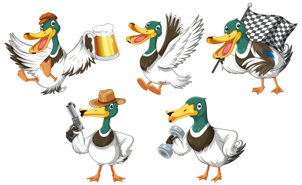 Set Duckling Doing Different Activities Illustration — ストックベクタ