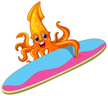 Squid holding a surfboard on white background illustration