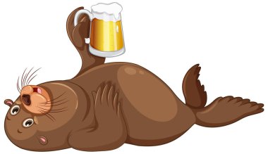Cute sea lion holding a beer illustration