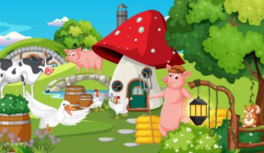 Cartoon scene with farm animals illustration
