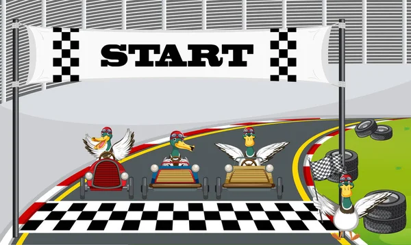 Soap Box Derby Race Ducks Cartoon Character Illustration — Stockový vektor