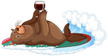 Cute sea lion on surfboard drinking red wine illustration