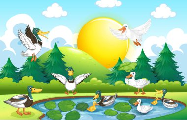 Outdoor scene with cartoon ducks illustration