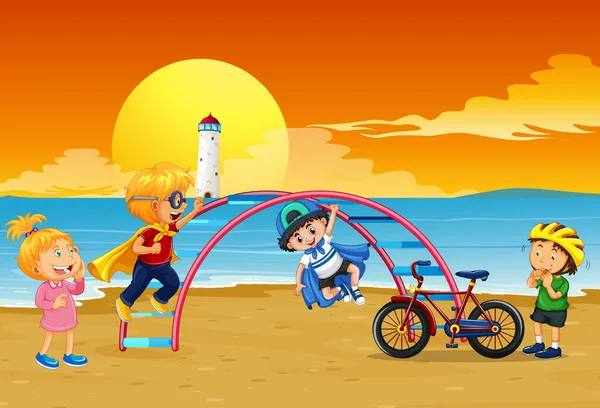 Пляжний Ігровий Майданчик Щасливими Дітьми Ілюстрація Ліцензійні Стокові Вектори