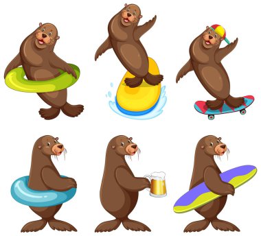 Set of different sea lions cartoon characters illustration
