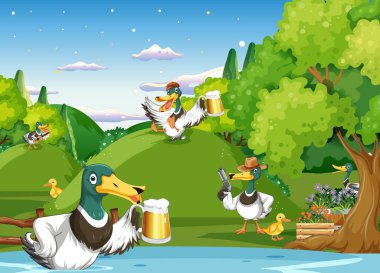 Outdoor scene with cartoon ducks illustration