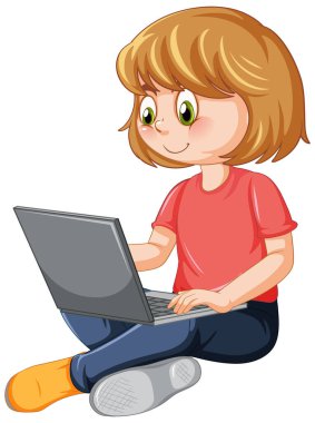A girl using laptop cartoon illustration
