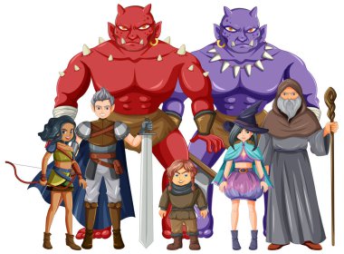 Group of medieval cartoon characters on white background illustration