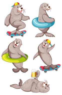 Set of different seal cartoon characters illustration