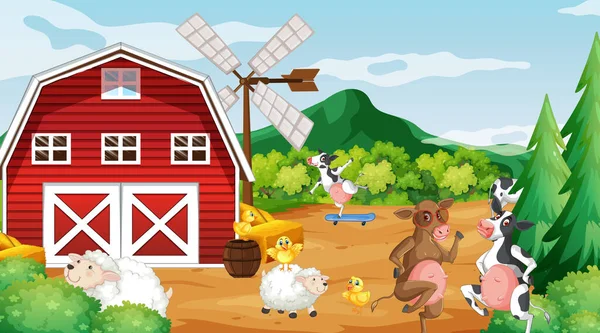 Outdoor Koe Boerderij Scène Met Gelukkige Dieren Cartoon Illustratie — Stockvector