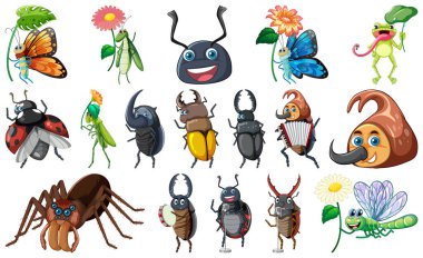 Set of various insects and amphibians cartoon illustration