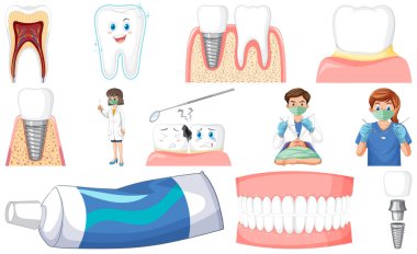 Set of dental equipments and cartoon characters illustration