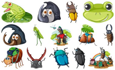 Set of various insects and amphibians cartoon illustration