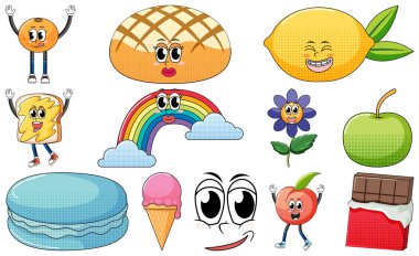 Set of objects and foods cartoon characters illustration